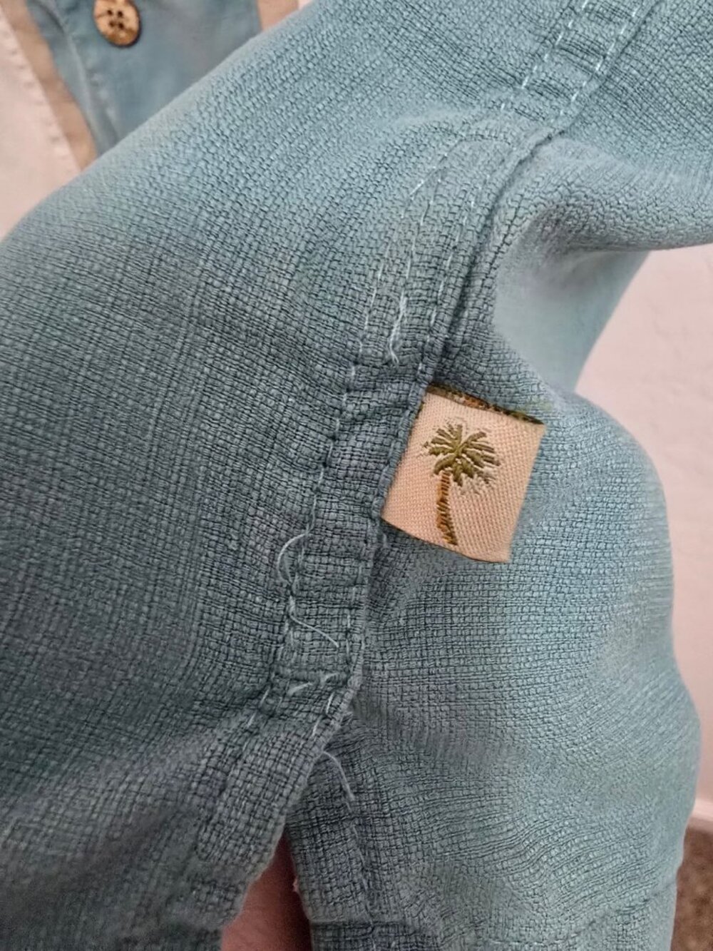 Mens Large Island Shores Teal & Beige Silk Button-Up Shirt Casual Beachwear Camp - Picture 6 of 8